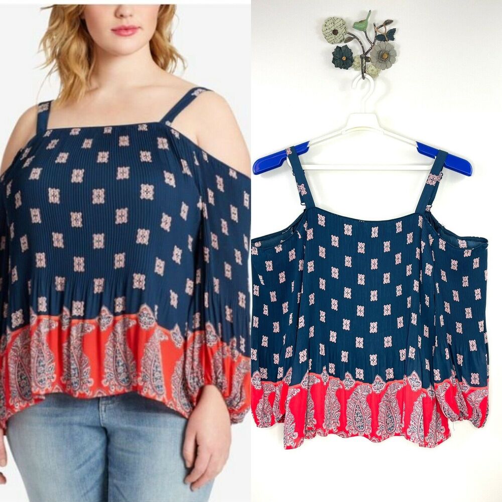 Jessica Simpson Navy Blue Red Anita Off Shoulder Blouse Size 3X Micro Pleats